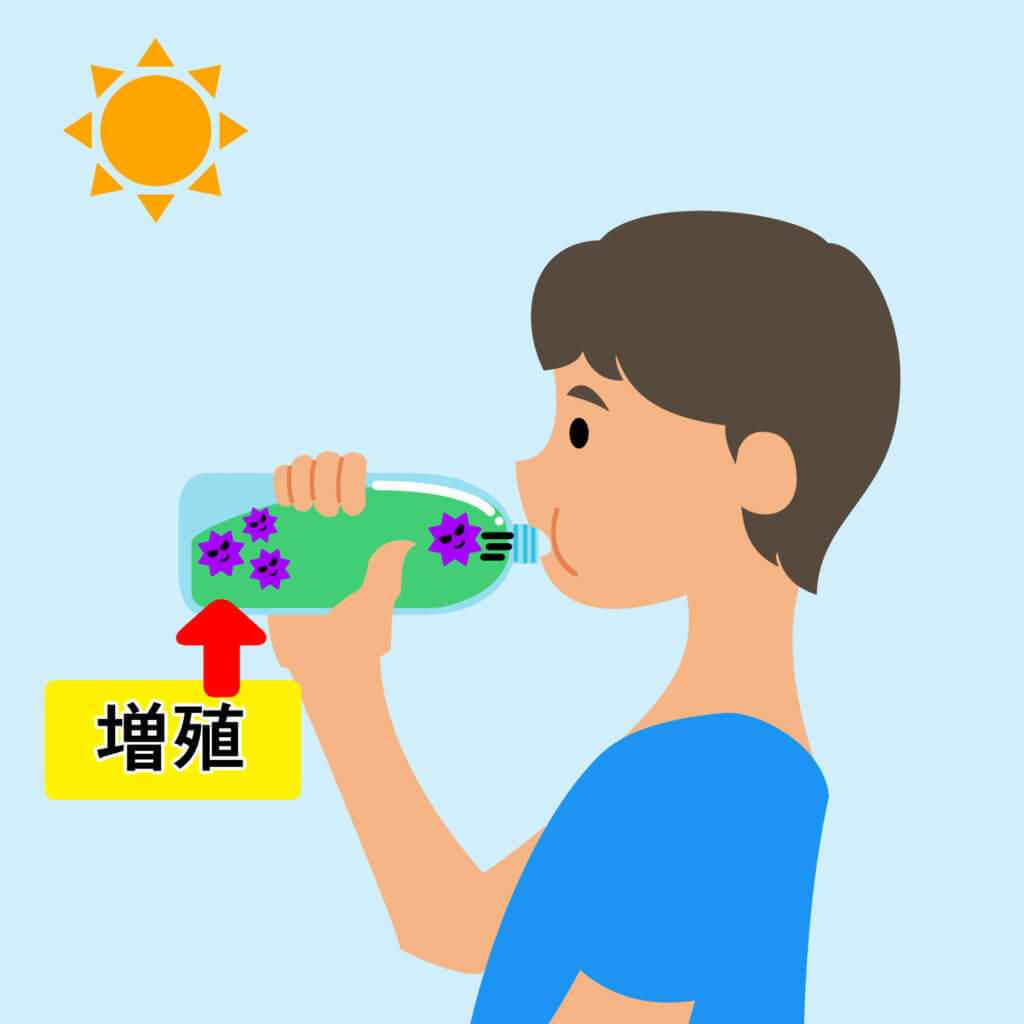 口を付けてペットボトルを飲むと中に雑菌が入り込んで夏場は増殖して食中毒の原因となるイラスト